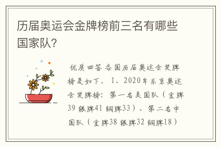 历届奥运会金牌榜前三名有哪些国家队?