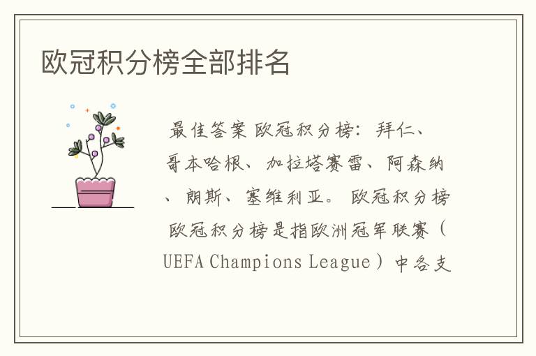 欧冠积分榜全部排名