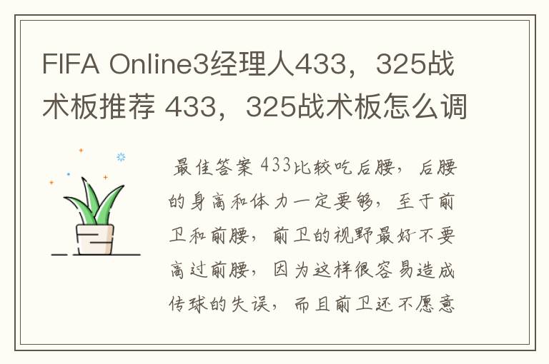 FIFA Online3经理人433,325战术板推荐 433,325战术板怎么调