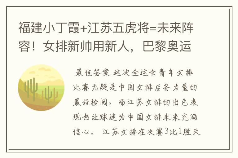 福建小丁霞+江苏五虎将=未来阵容！女排新帅用新人，巴黎奥运有戏