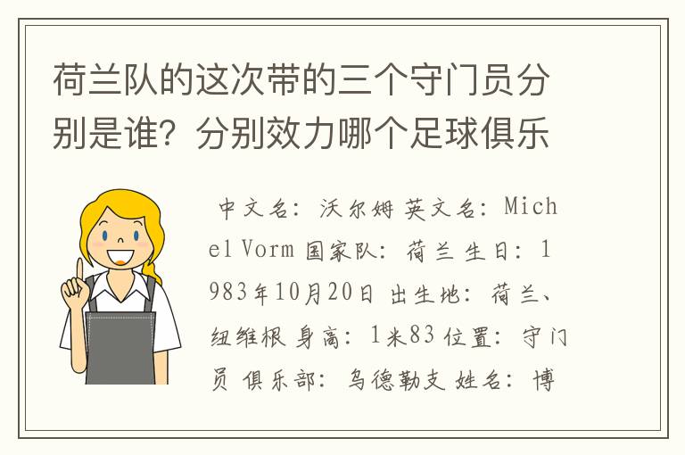 荷兰队的这次带的三个守门员分别是谁?分别效力哪个足球俱乐部?