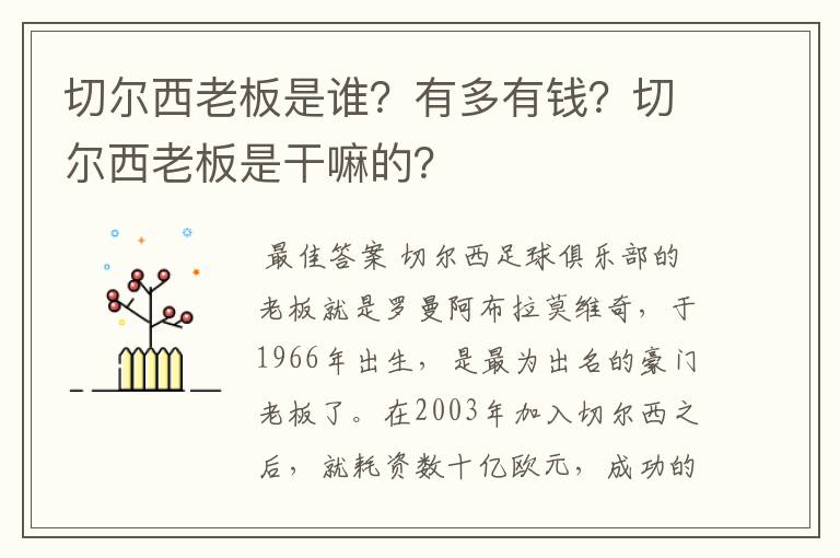 切尔西老板是谁?有多有钱?切尔西老板是干嘛的?