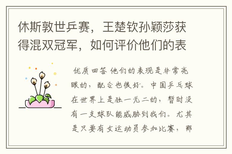 休斯敦世乒赛,王楚钦孙颖莎获得混双冠军,如何评价他们的表现?
