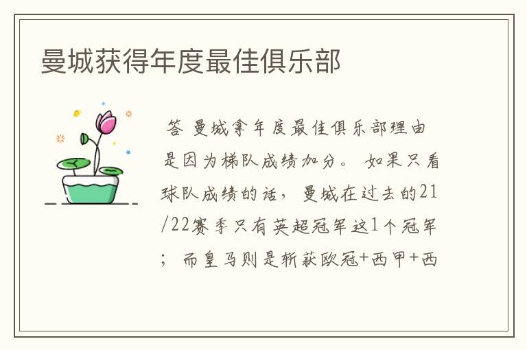 曼城获得年度最佳俱乐部
