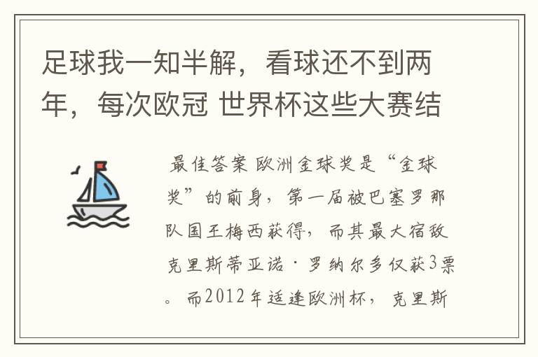 足球我一知半解,看球还不到两年,每次欧冠 世界杯这些大赛结束后不是都要评什么金球奖,金靴奖什么的吗?