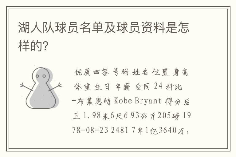 湖人队球员名单及球员资料是怎样的?