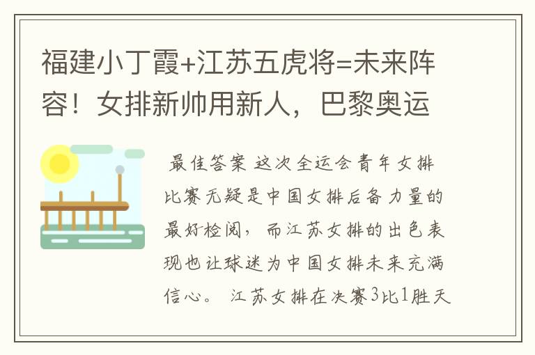 福建小丁霞+江苏五虎将=未来阵容!女排新帅用新人,巴黎奥运有戏