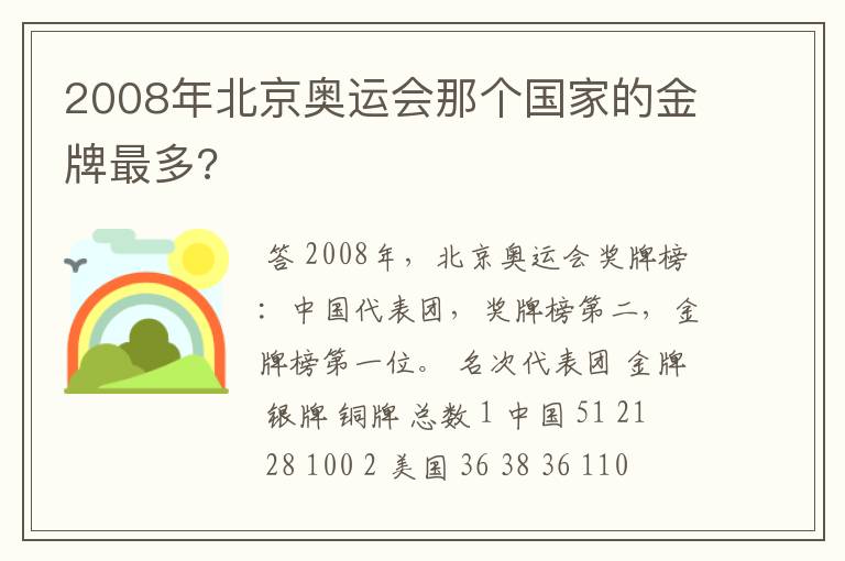 2008年北京奥运会那个国家的金牌最多?