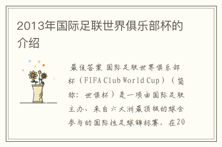 2013年国际足联世界俱乐部杯的介绍