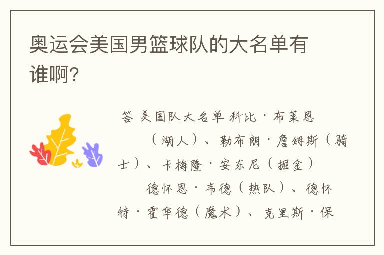 奥运会美国男篮球队的大名单有谁啊?
