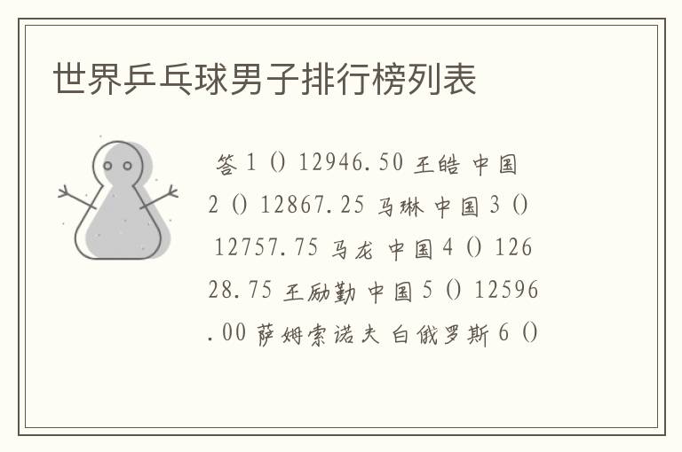 世界乒乓球男子排行榜列表