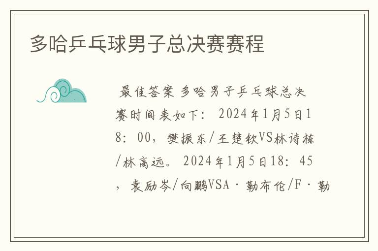 多哈乒乓球男子总决赛赛程
