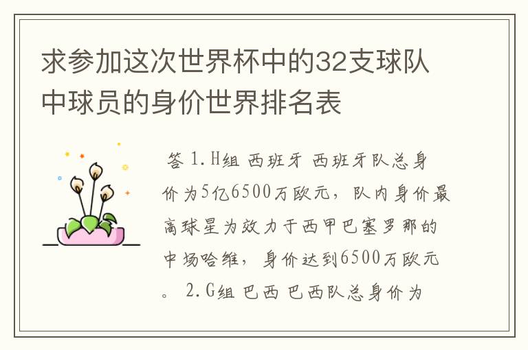 求参加这次世界杯中的32支球队中球员的身价世界排名表