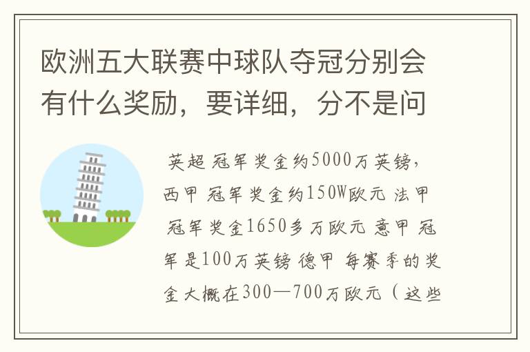 欧洲五大联赛中球队夺冠分别会有什么奖励,要详细,分不是问题