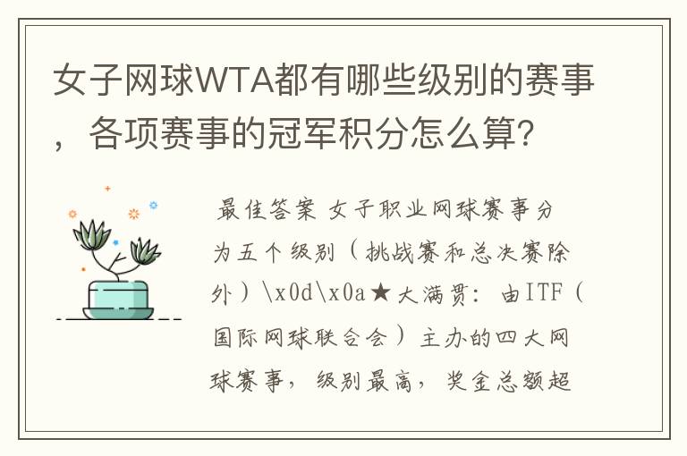 女子网球WTA都有哪些级别的赛事,各项赛事的冠军积分怎么算?