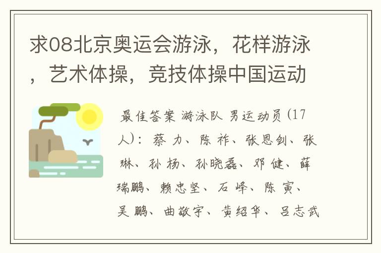 求08北京奥运会游泳,花样游泳,艺术体操,竞技体操中国运动员名单!