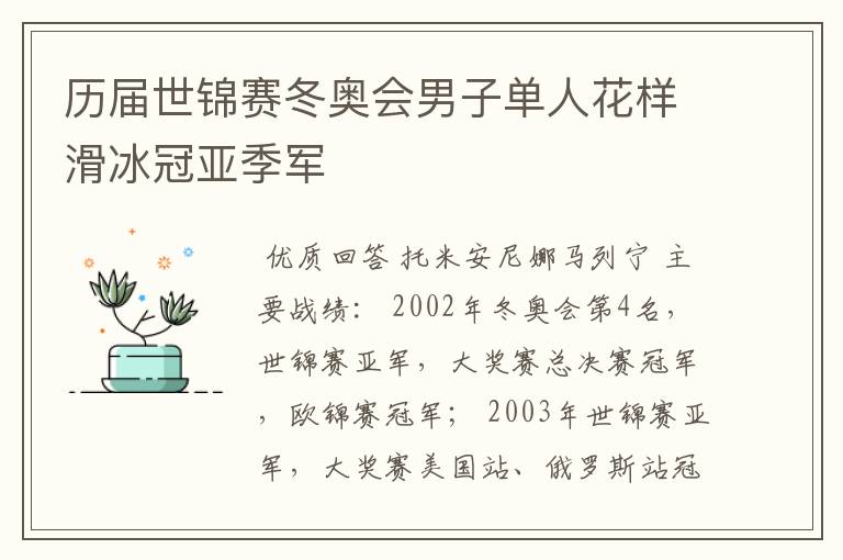 历届世锦赛冬奥会男子单人花样滑冰冠亚季军