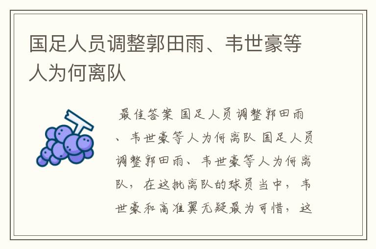国足人员调整郭田雨、韦世豪等人为何离队