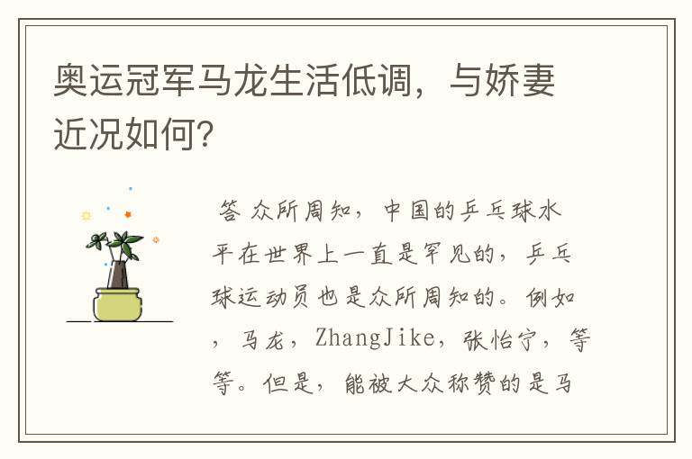 奥运冠军马龙生活低调,与娇妻近况如何?