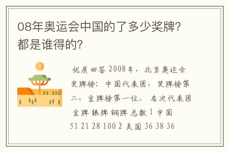 08年奥运会中国的了多少奖牌?都是谁得的?