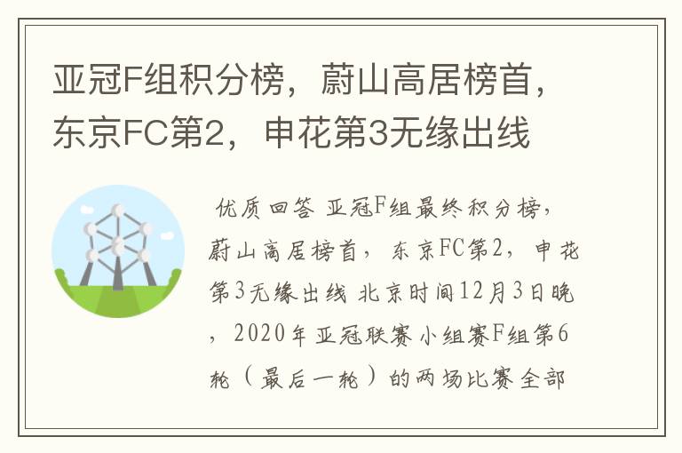 亚冠F组积分榜,蔚山高居榜首,东京FC第2,申花第3无缘出线