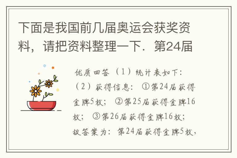 下面是我国前几届奥运会获奖资料，请把资料整理一下．第24届：金牌5枚、银牌17枚、铜牌25枚；第25届：金