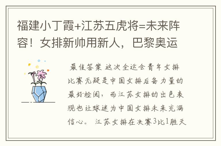 福建小丁霞+江苏五虎将=未来阵容!女排新帅用新人,巴黎奥运有戏