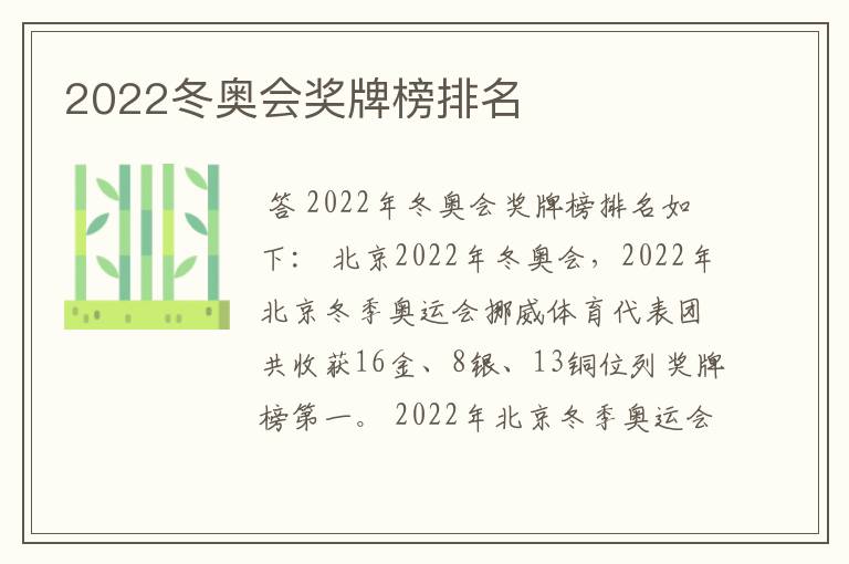 2022冬奥会奖牌榜排名