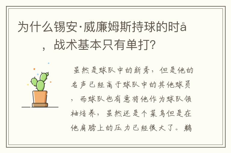 为什么锡安·威廉姆斯持球的时候，战术基本只有单打？