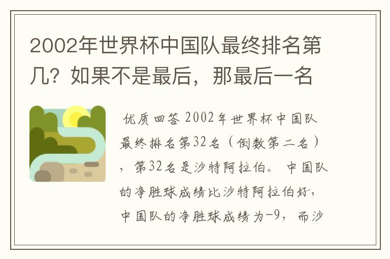 2002年世界杯中国队最终排名第几?如果不是最后,那最后一名32名是谁?