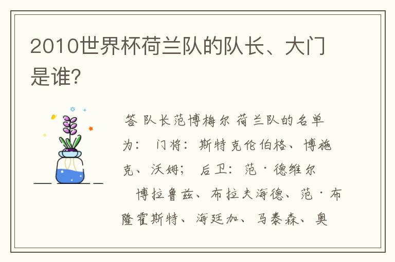 2010世界杯荷兰队的队长、大门是谁?