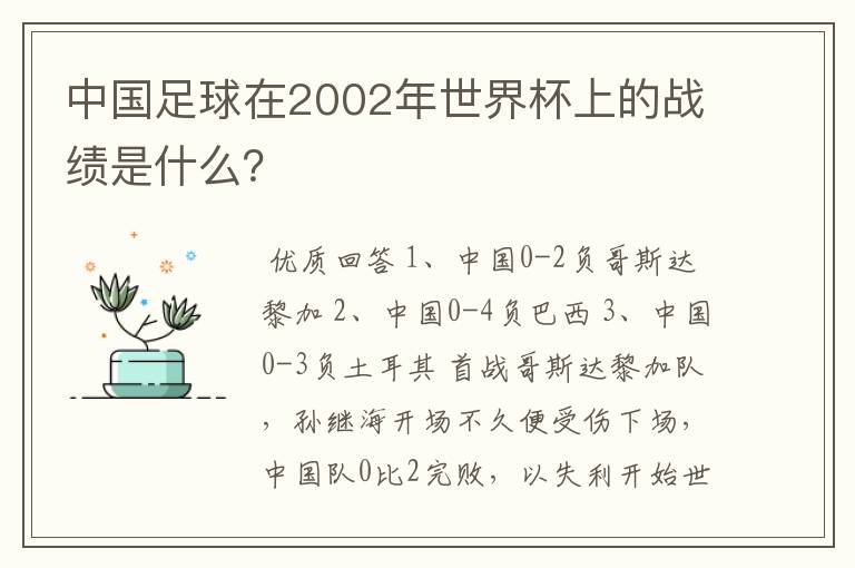中国足球在2002年世界杯上的战绩是什么?
