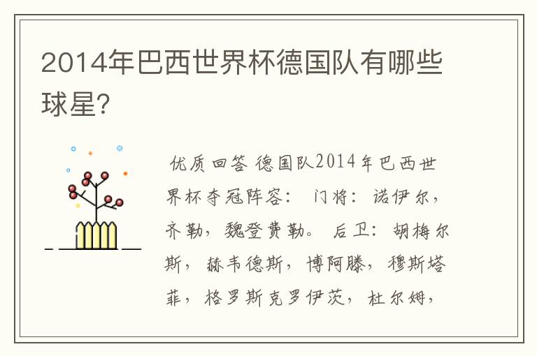 2014年巴西世界杯德国队有哪些球星?