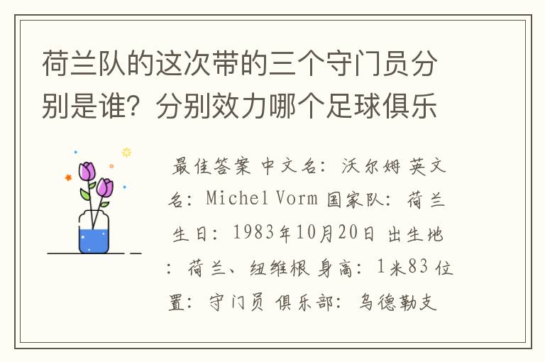 荷兰队的这次带的三个守门员分别是谁?分别效力哪个足球俱乐部?