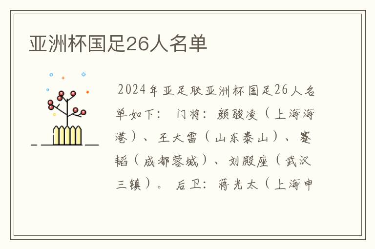 亚洲杯国足26人名单