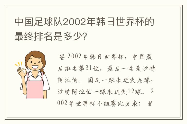 中国足球队2002年韩日世界杯的最终排名是多少?