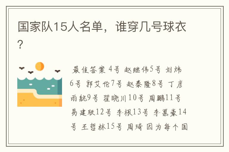 国家队15人名单，谁穿几号球衣？
