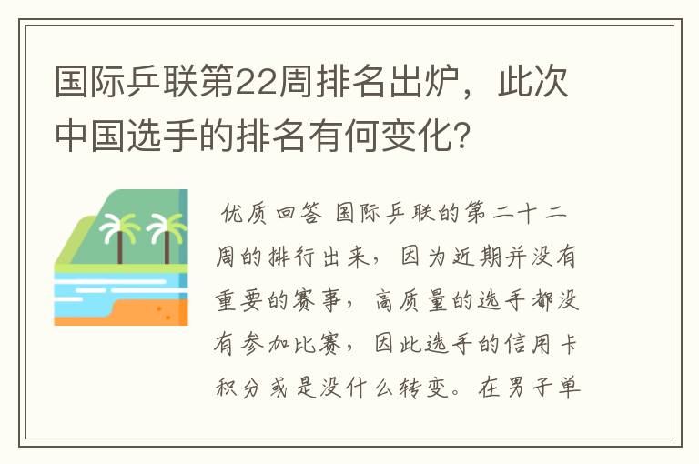 国际乒联第22周排名出炉,此次中国选手的排名有何变化?