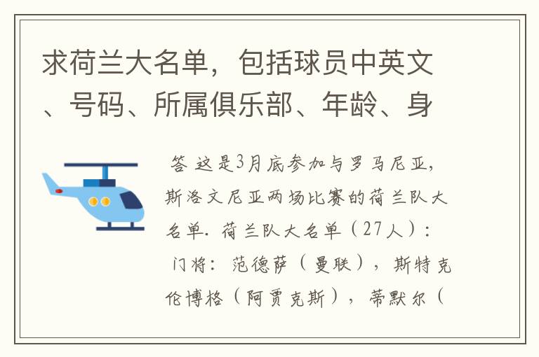 求荷兰大名单,包括球员中英文、号码、所属俱乐部、年龄、身高、位置。有曾效力的球队最好