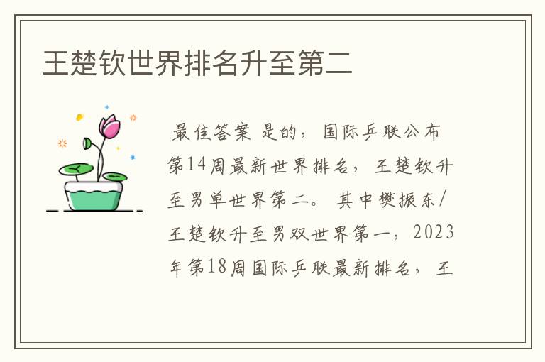王楚钦世界排名升至第二