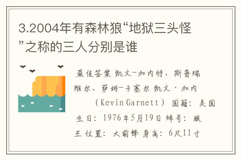 3.2004年有森林狼“地狱三头怪”之称的三人分别是谁