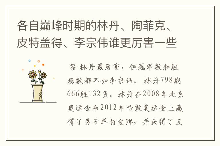 各自巅峰时期的林丹、陶菲克、皮特盖得、李宗伟谁更厉害一些?