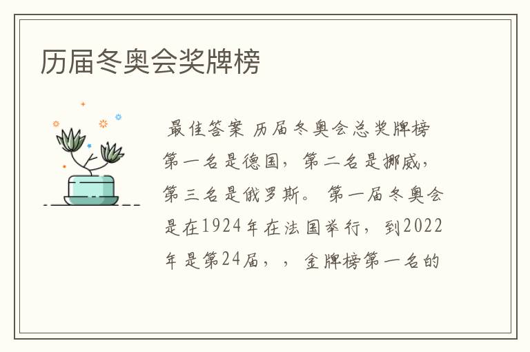 历届冬奥会奖牌榜
