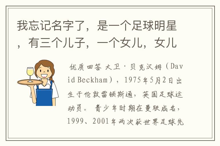 我忘记名字了,是一个足球明星,有三个儿子,一个女儿,女儿还特别小,外界称足球明星的老婆是时尚辣妈。