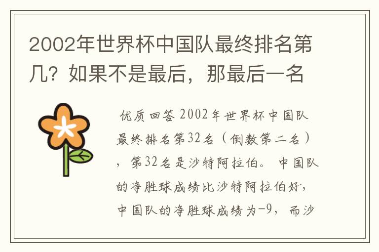 2002年世界杯中国队最终排名第几?如果不是最后,那最后一名32名是谁?