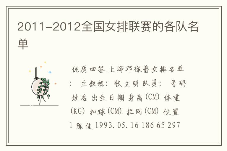 2011-2012全国女排联赛的各队名单