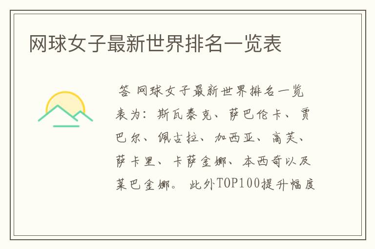 网球女子最新世界排名一览表