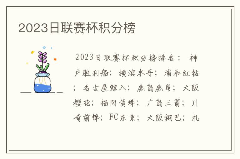 2023日联赛杯积分榜