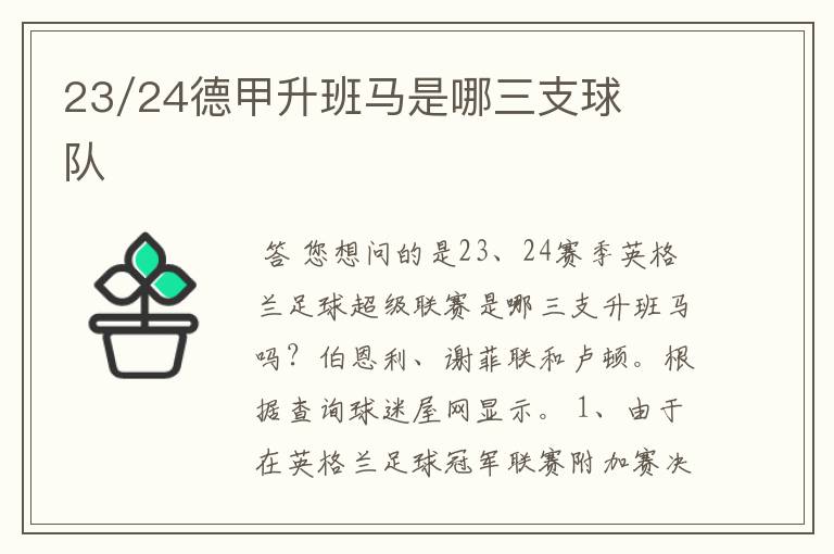 23/24德甲升班马是哪三支球队