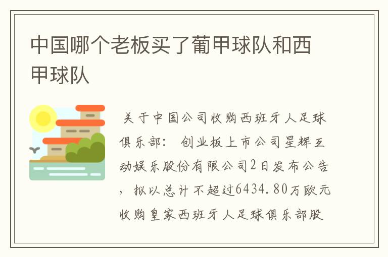 中国哪个老板买了葡甲球队和西甲球队
